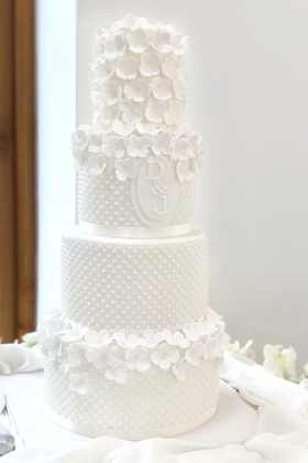 Hydrangea & Pearls Wedding Cake with monogram